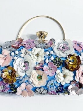 Embellished Floral Blue Top-Handle Clutch